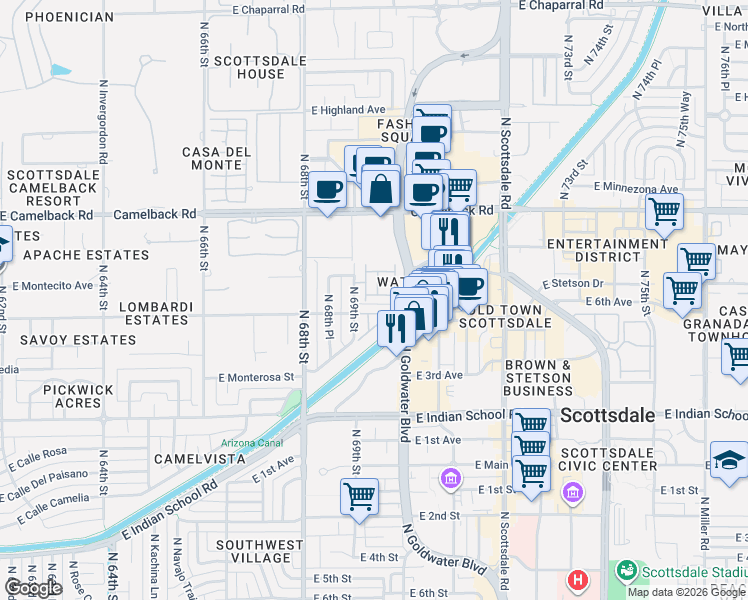 map of restaurants, bars, coffee shops, grocery stores, and more near 4327 North 69th Way in Scottsdale