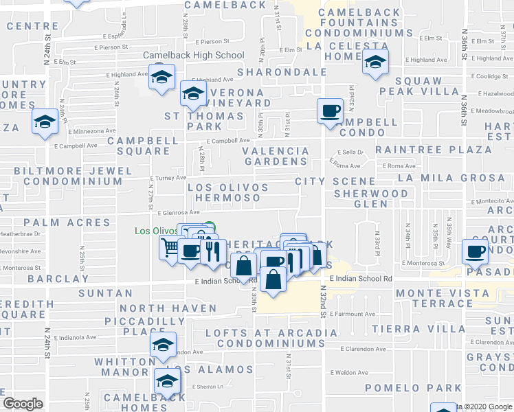 map of restaurants, bars, coffee shops, grocery stores, and more near 3001 East Montecito Avenue in Phoenix