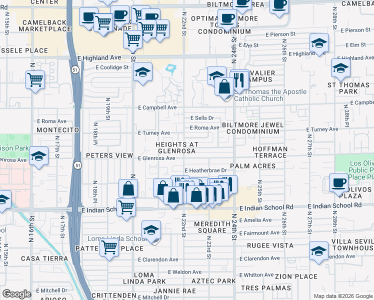 map of restaurants, bars, coffee shops, grocery stores, and more near 4301 North 21st Street in Phoenix