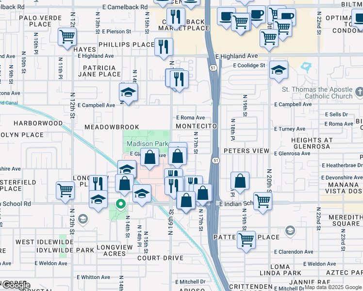map of restaurants, bars, coffee shops, grocery stores, and more near 1618 East Montecito Avenue in Phoenix