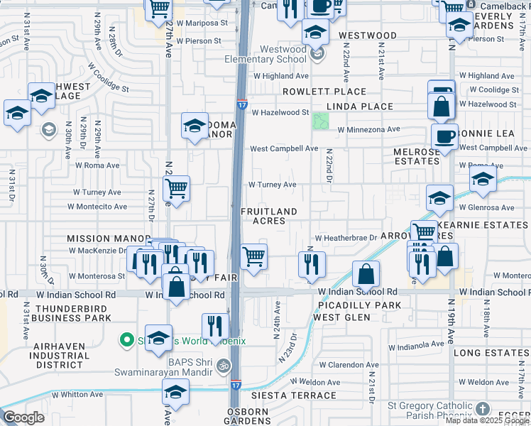 map of restaurants, bars, coffee shops, grocery stores, and more near 2430 West Glenrosa Avenue in Phoenix