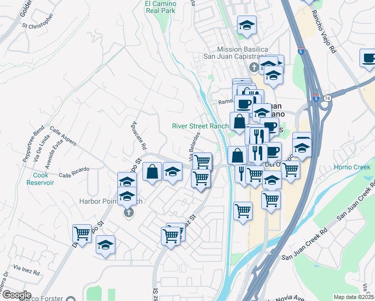 map of restaurants, bars, coffee shops, grocery stores, and more near 31891 Via Belardes in San Juan Capistrano
