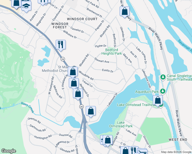 map of restaurants, bars, coffee shops, grocery stores, and more near 1028 Eustis Drive in Augusta