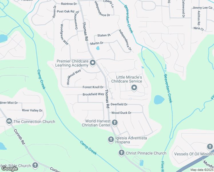 map of restaurants, bars, coffee shops, grocery stores, and more near 9415 Thomas Road in Jonesboro