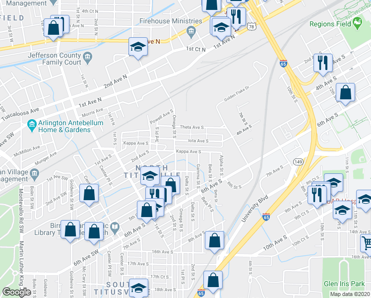 map of restaurants, bars, coffee shops, grocery stores, and more near 405 Iota Avenue South in Birmingham