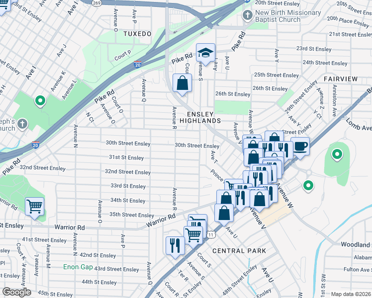 map of restaurants, bars, coffee shops, grocery stores, and more near 1814 30th Street Ensley in Birmingham