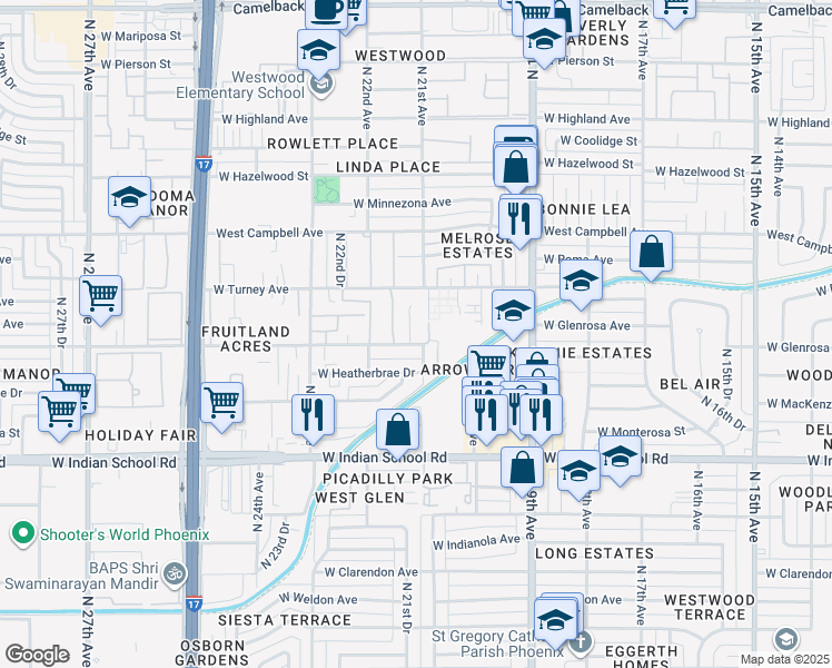 map of restaurants, bars, coffee shops, grocery stores, and more near 2025 West Turney Avenue in Phoenix