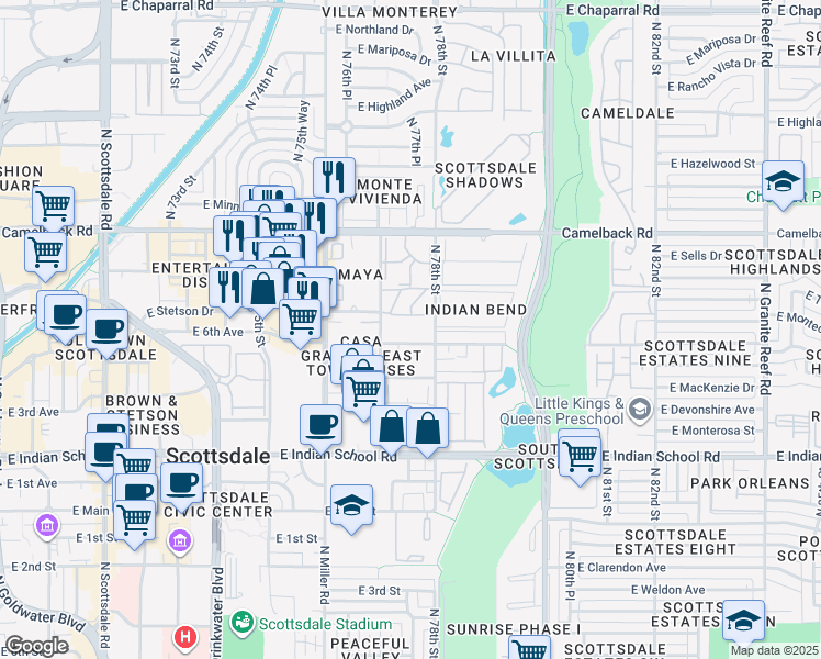 map of restaurants, bars, coffee shops, grocery stores, and more near 7740 East Glenrosa Avenue in Scottsdale