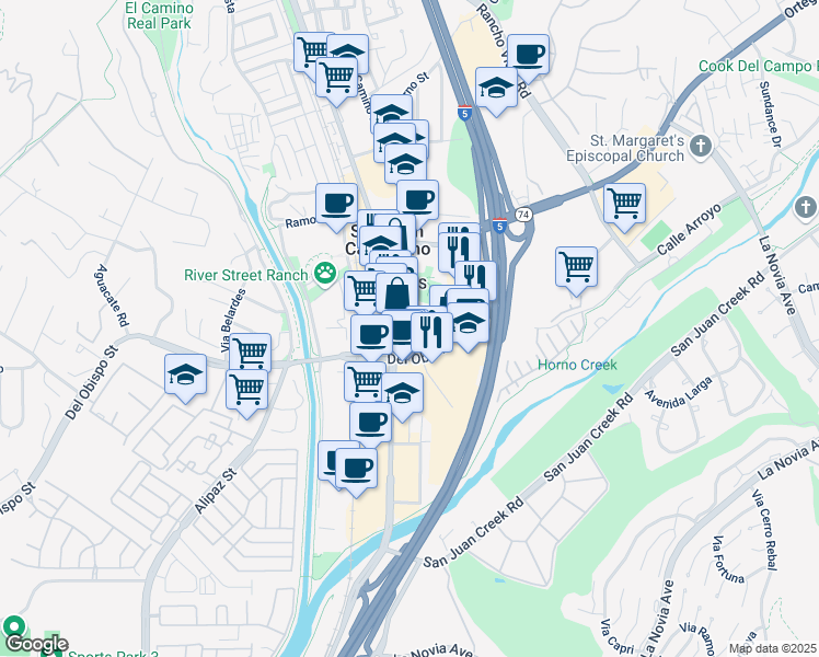 map of restaurants, bars, coffee shops, grocery stores, and more near 31878 Camino Capistrano in San Juan Capistrano