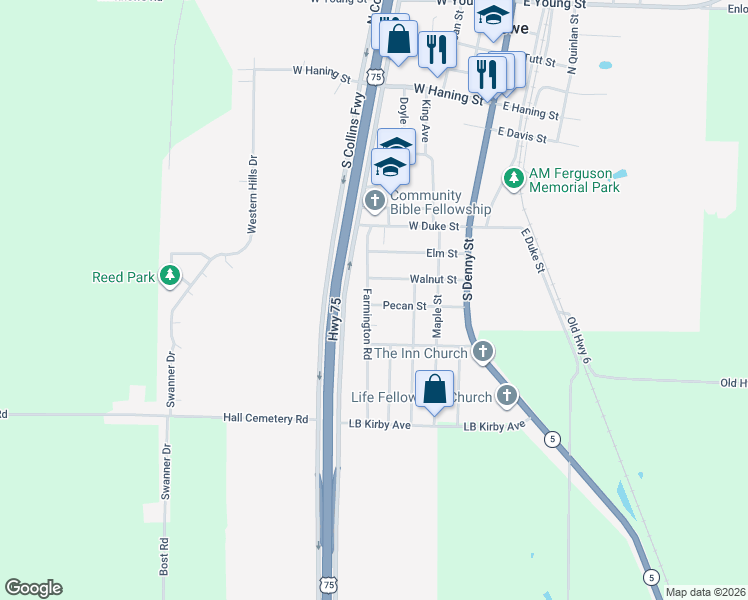 map of restaurants, bars, coffee shops, grocery stores, and more near 705 Farmington Road in Howe