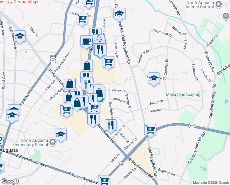 map of restaurants, bars, coffee shops, grocery stores, and more near 1008 Skyview Drive in North Augusta