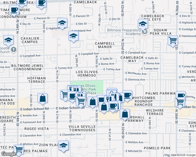 map of restaurants, bars, coffee shops, grocery stores, and more near 3001 East Montecito Avenue in Phoenix