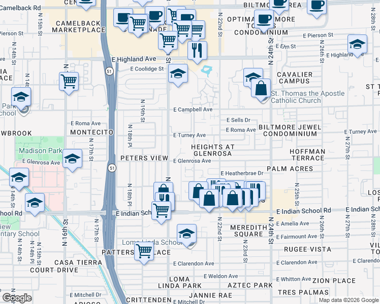map of restaurants, bars, coffee shops, grocery stores, and more near 4343 North 21st Street in Phoenix