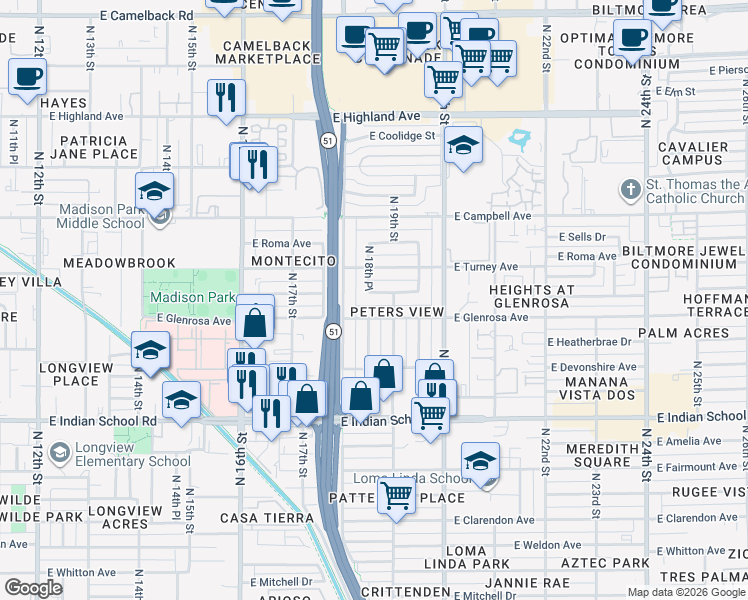 map of restaurants, bars, coffee shops, grocery stores, and more near 4304 North 18th Place in Phoenix