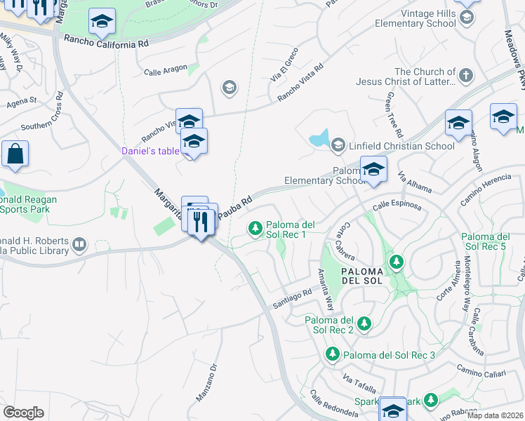 map of restaurants, bars, coffee shops, grocery stores, and more near 31495 Corte Rimola in Temecula