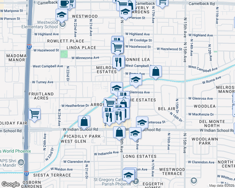 map of restaurants, bars, coffee shops, grocery stores, and more near 4317 North 19th Drive in Phoenix