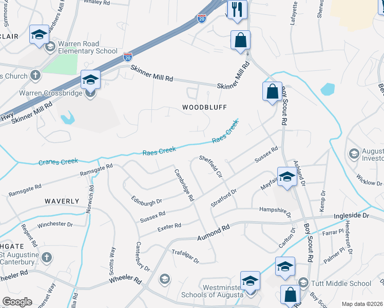 map of restaurants, bars, coffee shops, grocery stores, and more near 426 Sheffield Circle in Augusta