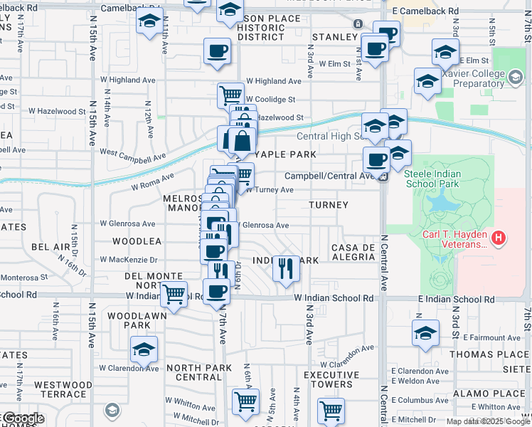 map of restaurants, bars, coffee shops, grocery stores, and more near 4327 North 7th Avenue in Phoenix