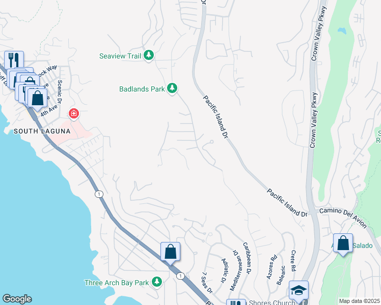 map of restaurants, bars, coffee shops, grocery stores, and more near 22842 Seaway Drive in Laguna Niguel