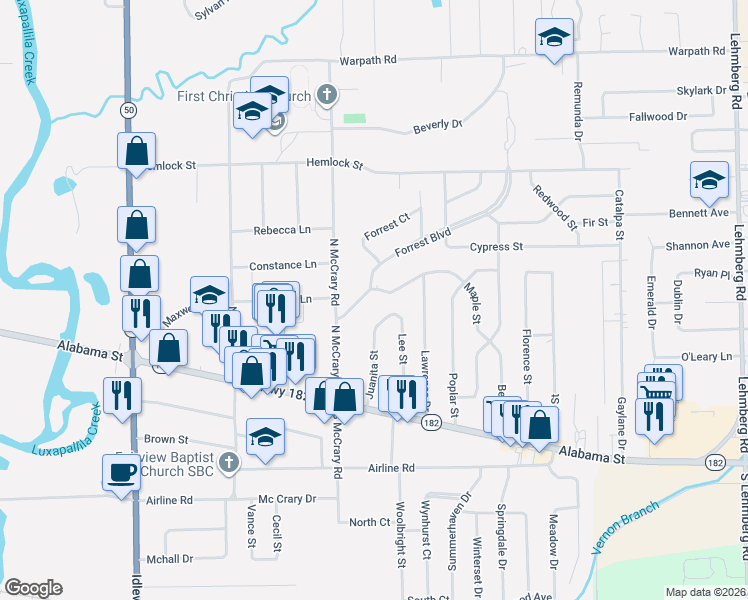 map of restaurants, bars, coffee shops, grocery stores, and more near 400 Forrest Boulevard in Columbus