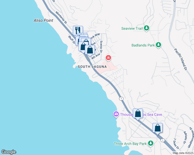 map of restaurants, bars, coffee shops, grocery stores, and more near 31899 Circle Drive in Laguna Beach