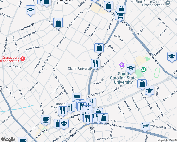 map of restaurants, bars, coffee shops, grocery stores, and more near 951 State Road S-38-252 in Orangeburg