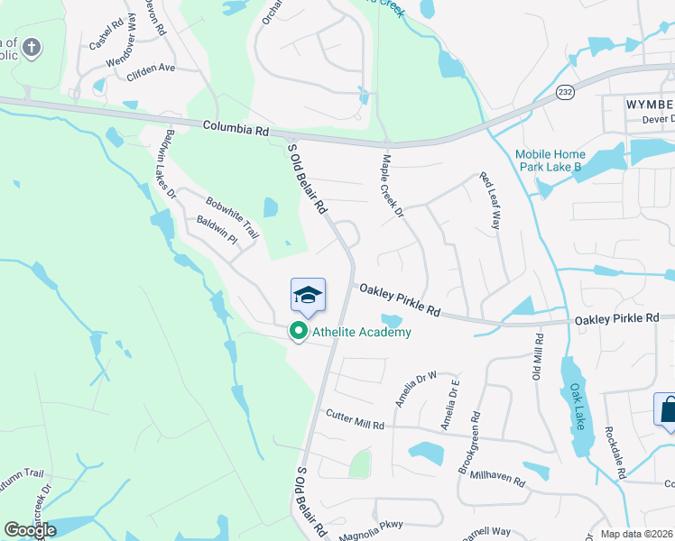 map of restaurants, bars, coffee shops, grocery stores, and more near 157 South Old Belair Road in Grovetown