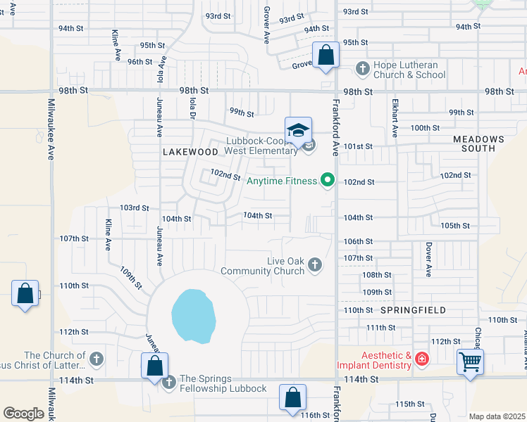 map of restaurants, bars, coffee shops, grocery stores, and more near 5910 104th Street in Lubbock