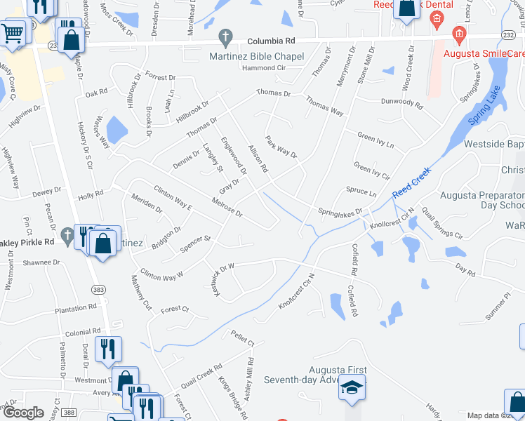 map of restaurants, bars, coffee shops, grocery stores, and more near 4072 Melrose Drive in Martinez