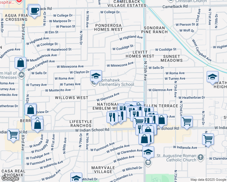 map of restaurants, bars, coffee shops, grocery stores, and more near 7626 West Montecito Avenue in Phoenix