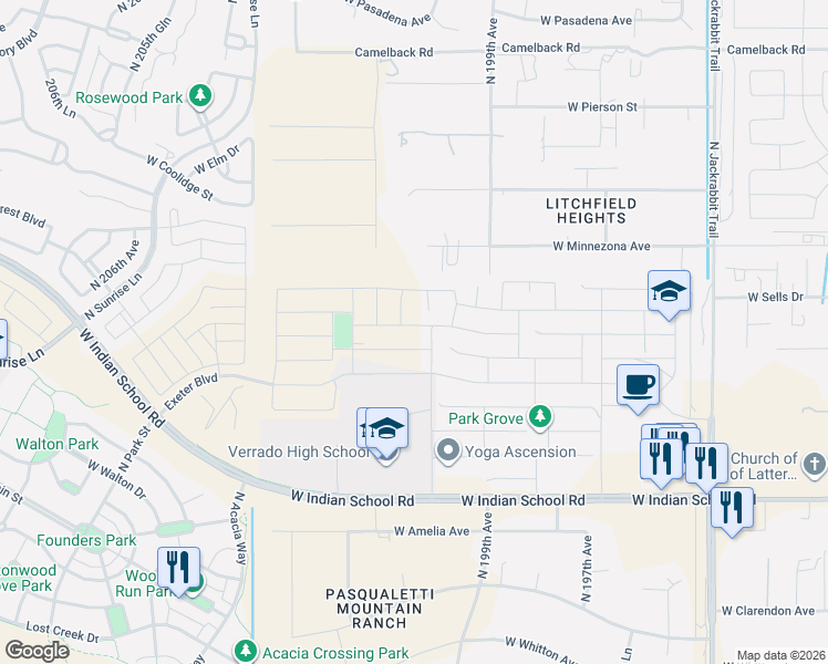 map of restaurants, bars, coffee shops, grocery stores, and more near West Indian School Road in Litchfield Park
