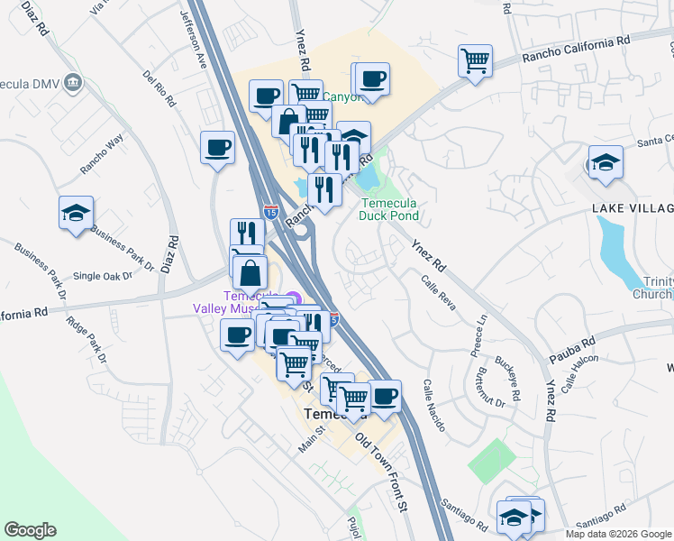 map of restaurants, bars, coffee shops, grocery stores, and more near 43078 Avenida Amistad in Temecula