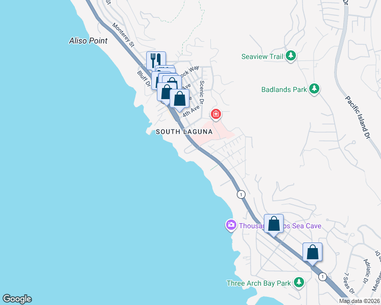 map of restaurants, bars, coffee shops, grocery stores, and more near 31894 Circle Drive in Laguna Beach