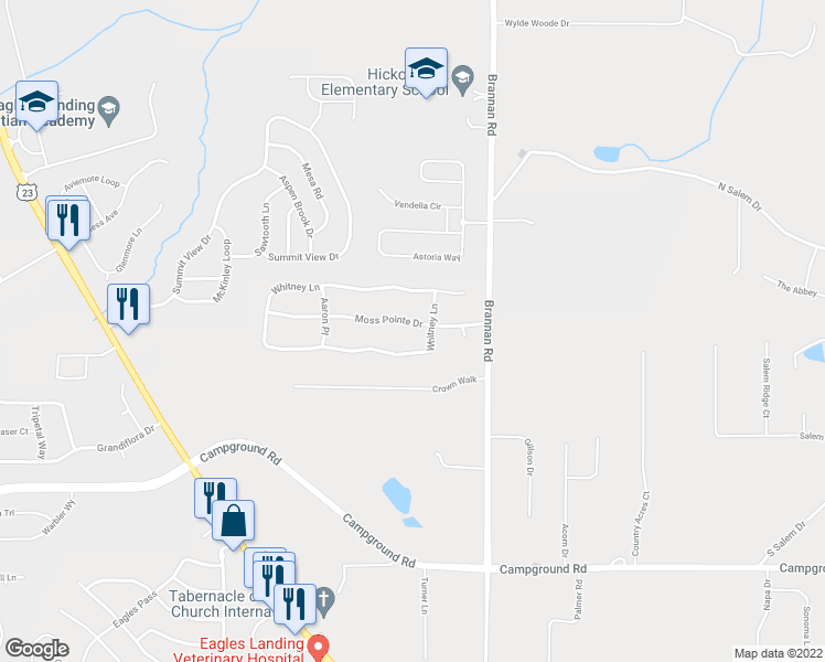 map of restaurants, bars, coffee shops, grocery stores, and more near 129 Moss Pointe Drive in McDonough