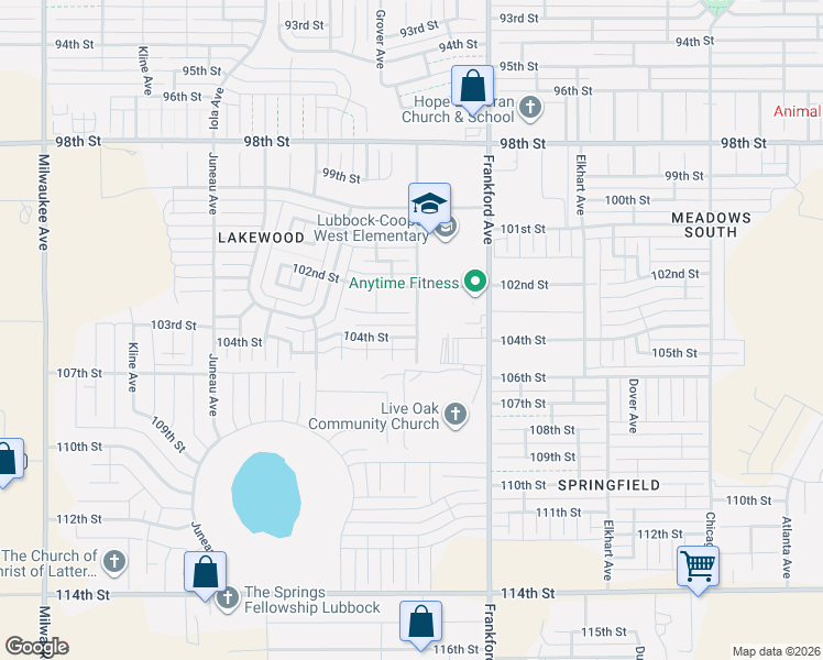 map of restaurants, bars, coffee shops, grocery stores, and more near 5829 103rd Street in Lubbock