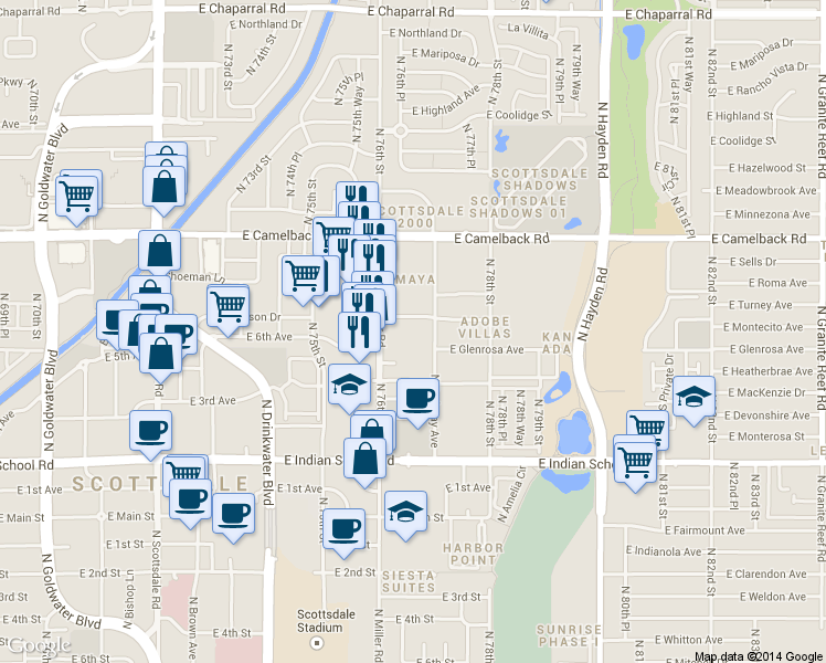 map of restaurants, bars, coffee shops, grocery stores, and more near 7637 East Montecito Avenue in Scottsdale