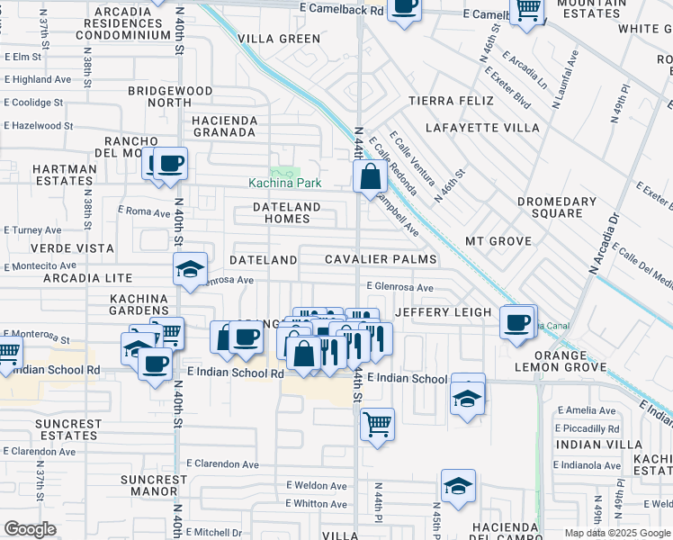 map of restaurants, bars, coffee shops, grocery stores, and more near 4308 East Montecito Avenue in Phoenix