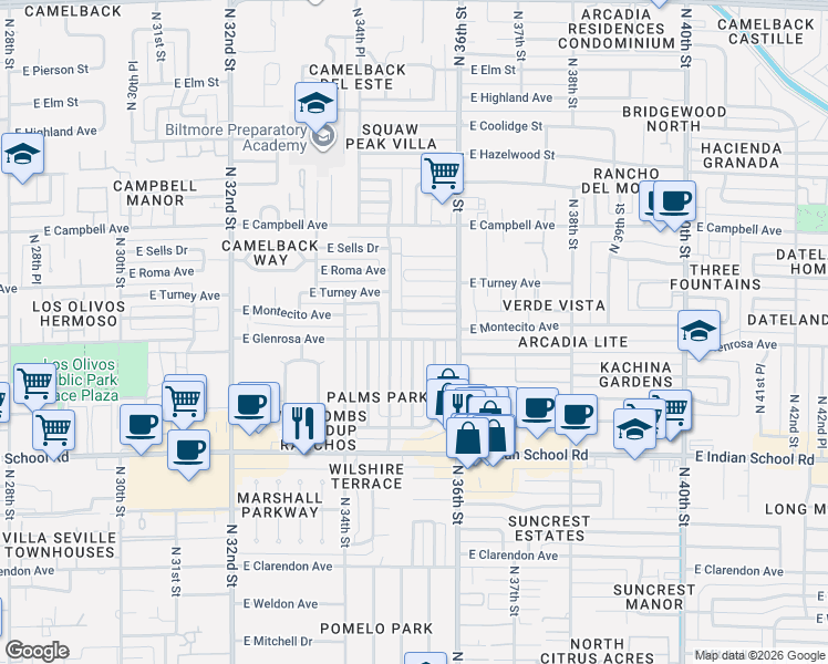 map of restaurants, bars, coffee shops, grocery stores, and more near 4313 North 35th Street in Phoenix