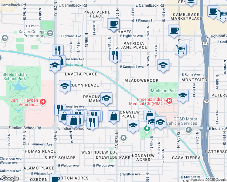 map of restaurants, bars, coffee shops, grocery stores, and more near 1111 East Turney Avenue in Phoenix