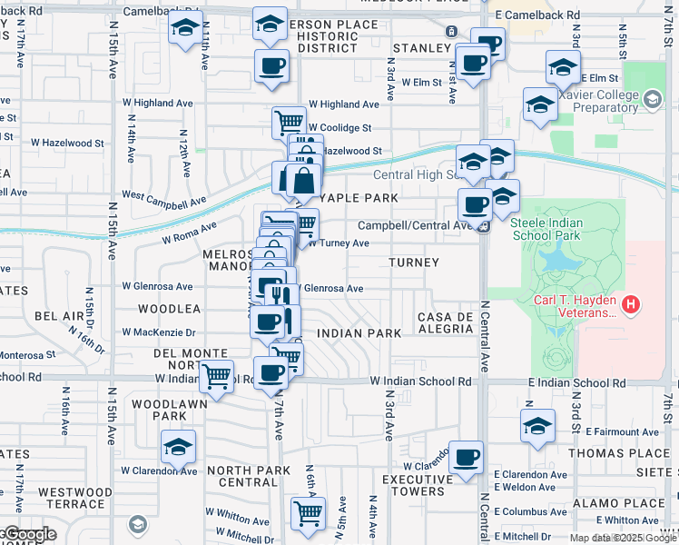 map of restaurants, bars, coffee shops, grocery stores, and more near 344 West Montecito Avenue in Phoenix