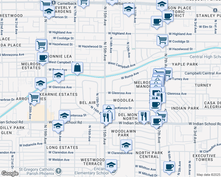 map of restaurants, bars, coffee shops, grocery stores, and more near 4318 North 14th Avenue in Phoenix