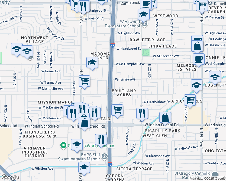 map of restaurants, bars, coffee shops, grocery stores, and more near 2450 West Glenrosa Avenue in Phoenix