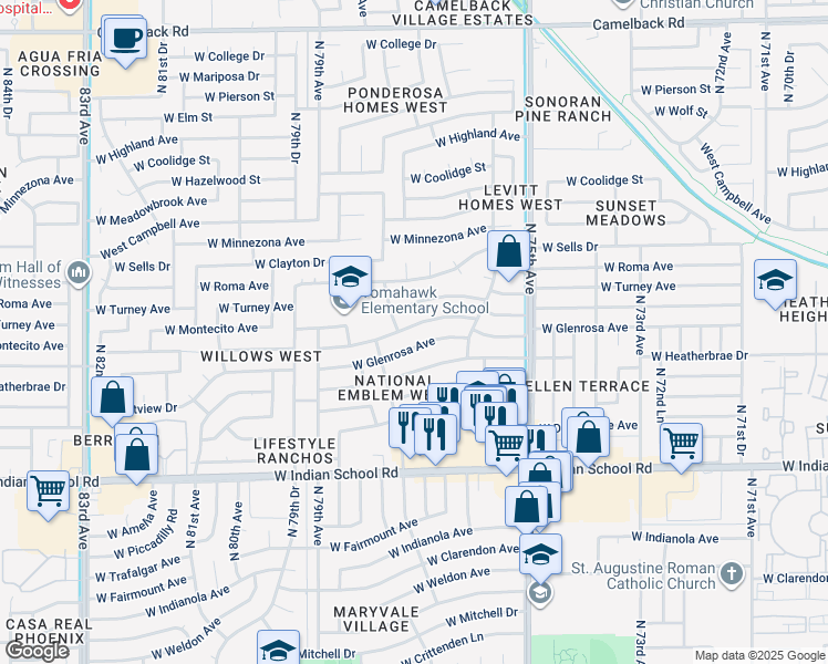 map of restaurants, bars, coffee shops, grocery stores, and more near 7626 West Montecito Avenue in Phoenix