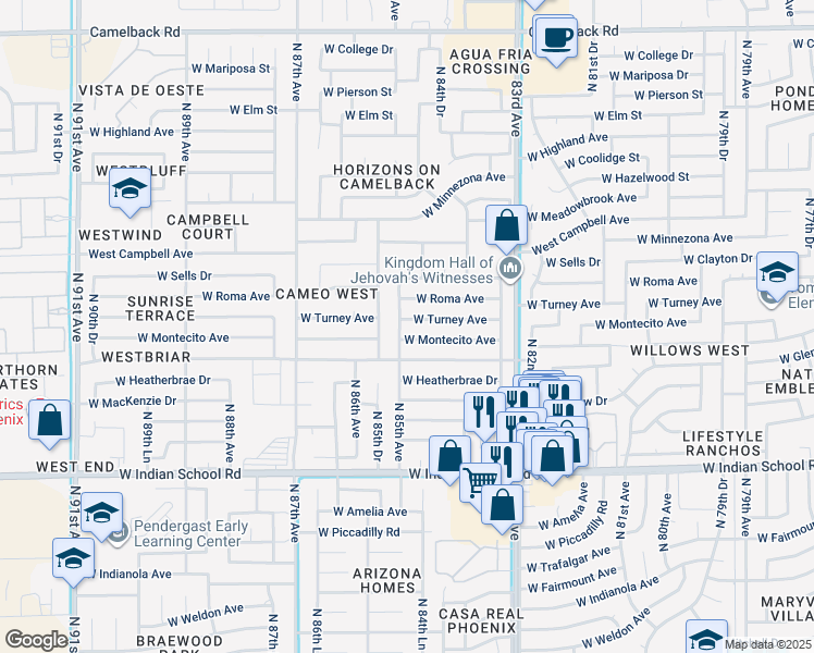 map of restaurants, bars, coffee shops, grocery stores, and more near 8448 West Turney Avenue in Phoenix
