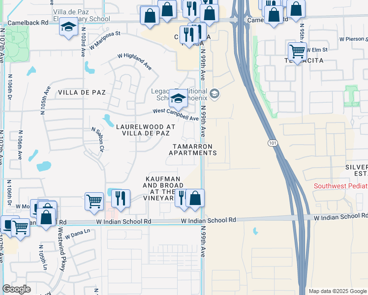 map of restaurants, bars, coffee shops, grocery stores, and more near 42 North 99th Avenue in Phoenix