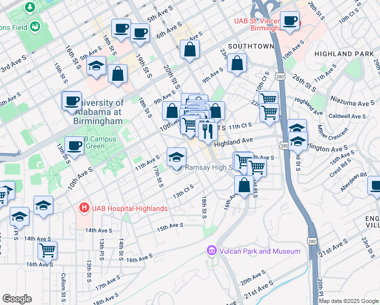 map of restaurants, bars, coffee shops, grocery stores, and more near 1901 11th Avenue South in Birmingham