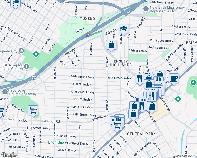 map of restaurants, bars, coffee shops, grocery stores, and more near 1730 30th Street Ensley in Birmingham