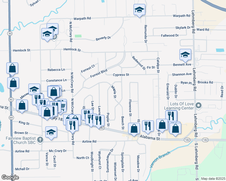 map of restaurants, bars, coffee shops, grocery stores, and more near 143 Poplar Street in Columbus