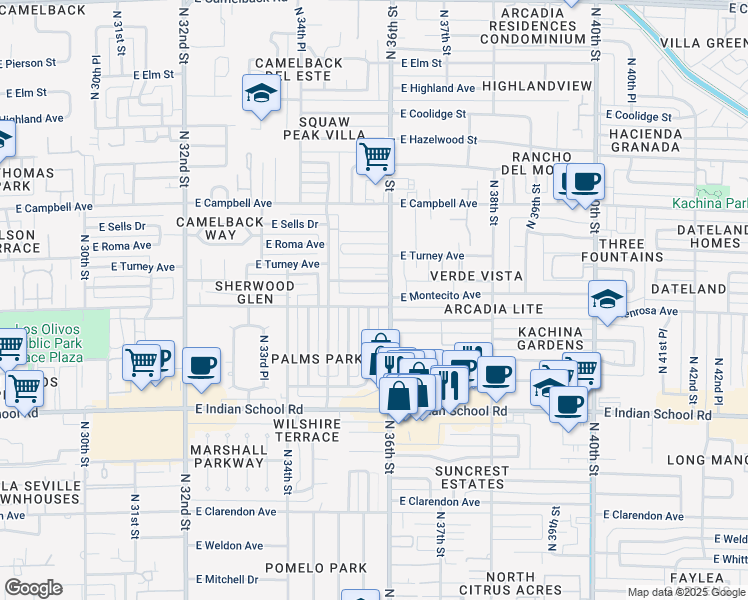 map of restaurants, bars, coffee shops, grocery stores, and more near 3530 East Glenrosa Avenue in Phoenix