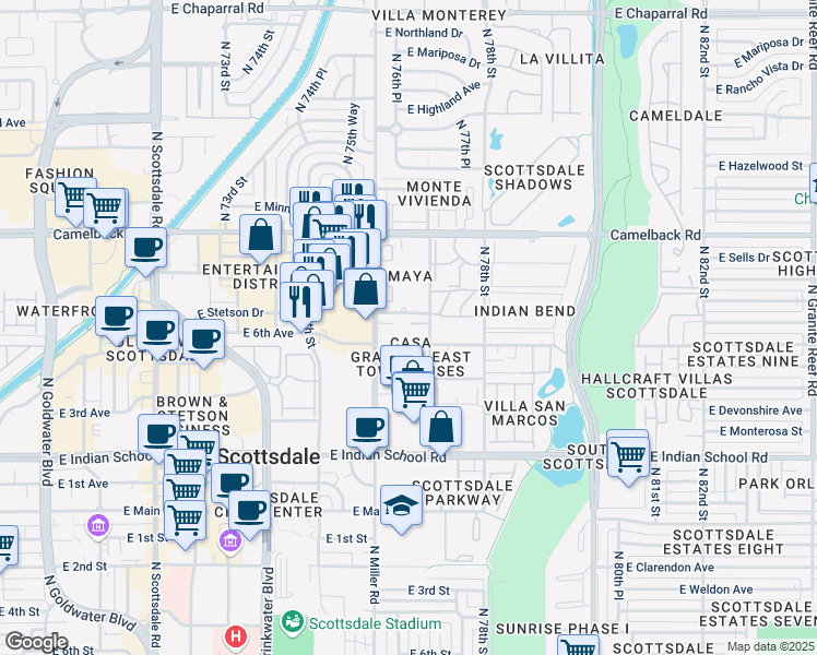 map of restaurants, bars, coffee shops, grocery stores, and more near 7637 East Montecito Avenue in Scottsdale